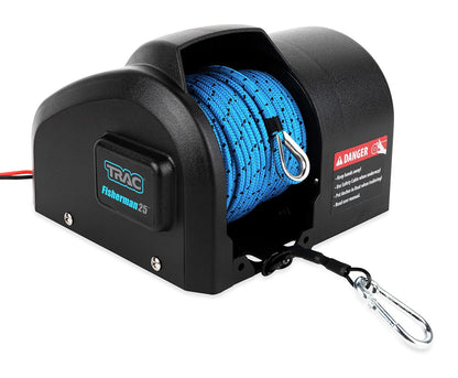 Camco TRAC-Outdoor Products Fisherman 25-G3 - Cabrestante de Anclaje eléctrico - Anclajes de hasta 25 Libras - Incluye 100 pies de Cuerda de Anclaje preenrollada con Uso (69002), Color Negro