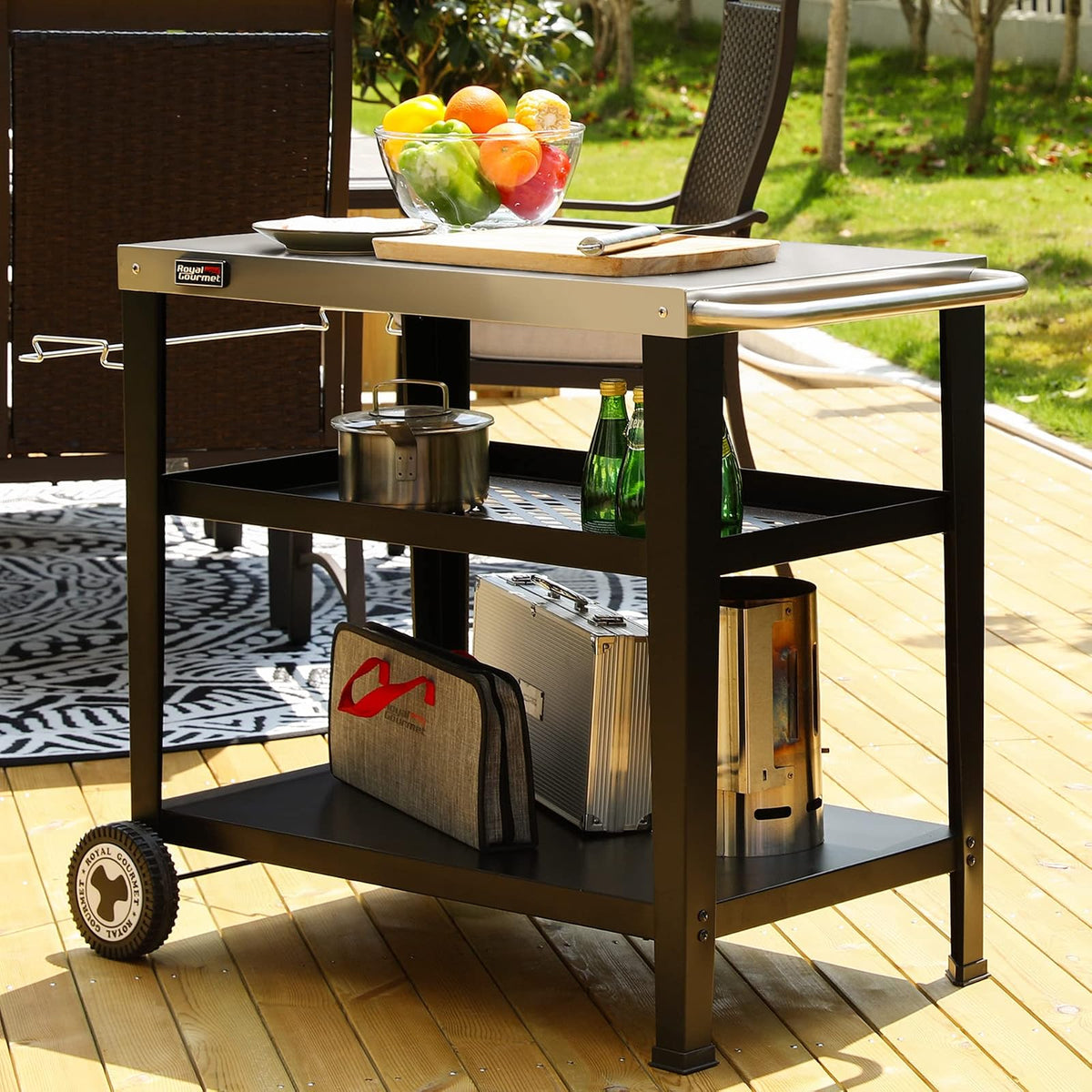 Royal Gourmet PC3404S - Mesa de comedor enrollable con soporte para bolsa de basura, jardín al aire última intervensión, patio, barbacoa, cocina, comida preparada, 30 pulgadas de largo x 19 pulgadas de ancho, mesa de acero inoxidable, plata y negro
