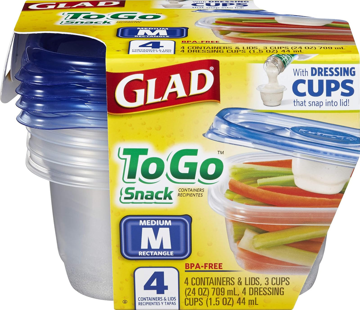 Glad To Go Food Storage Containers | Medium 24 oz Containers for Food Storage from Glad | Strong and Sturdy Rectangle Containers in Standard Size, 4 Count - 6 Pack