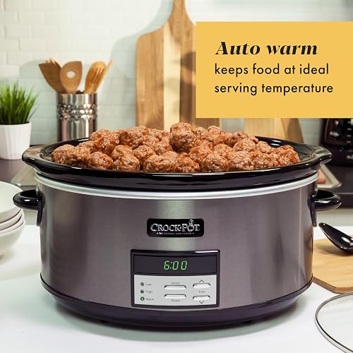 Crock-Pot - Olla de cocción lenta programable grande de 8 cuartos con ajuste automático de calor, acero inoxidable negro