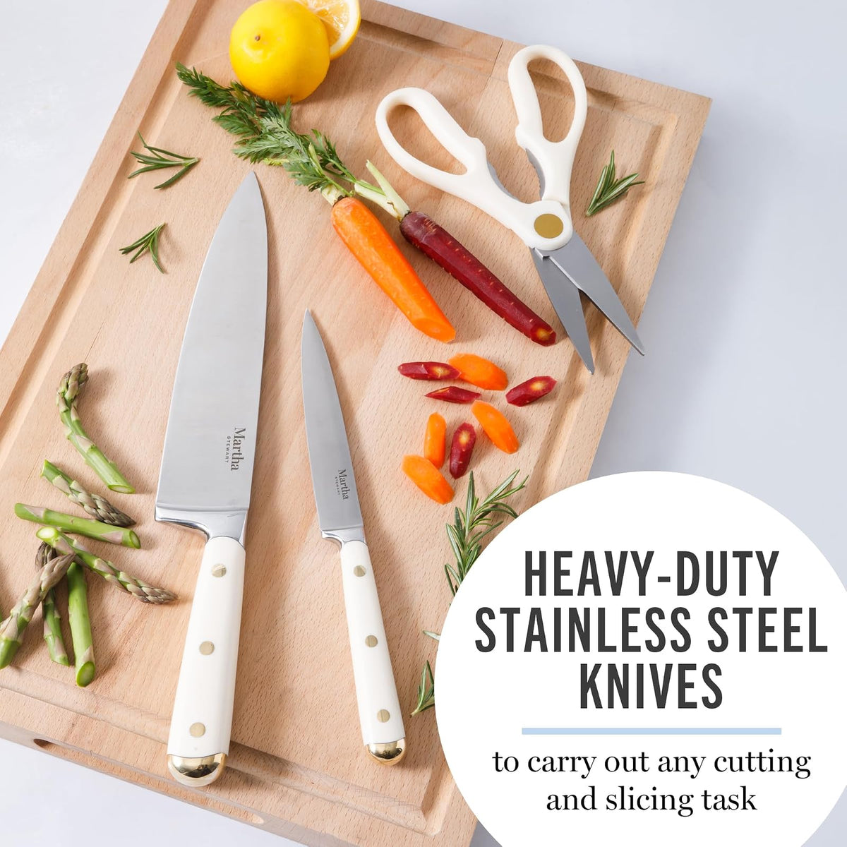 Martha Stewart Juego De Cuchillos Lockton 16 Piezas | Acero Inoxidable De Alto Carbono, Mango Forjado De ABS, Bloque De Madera De Acacia, Blanco Y Dorado