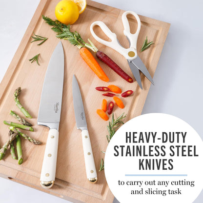 Martha Stewart Juego De Cuchillos Lockton 16 Piezas | Acero Inoxidable De Alto Carbono, Mango Forjado De ABS, Bloque De Madera De Acacia, Blanco Y Dorado
