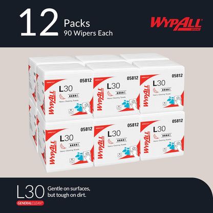 WypAll® GeneralClean™ L30 - Toallas de limpieza resistentes (05812), cuarto de pliegue, resistentes y suaves, color blanco (90 hojas/paquete, 12 paquetes/estuche, 1080 hojas/estuche)