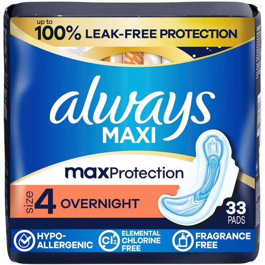 Always Maxi Pads, Overnight WithFlexi-Wings, Unscented, 33 Count
