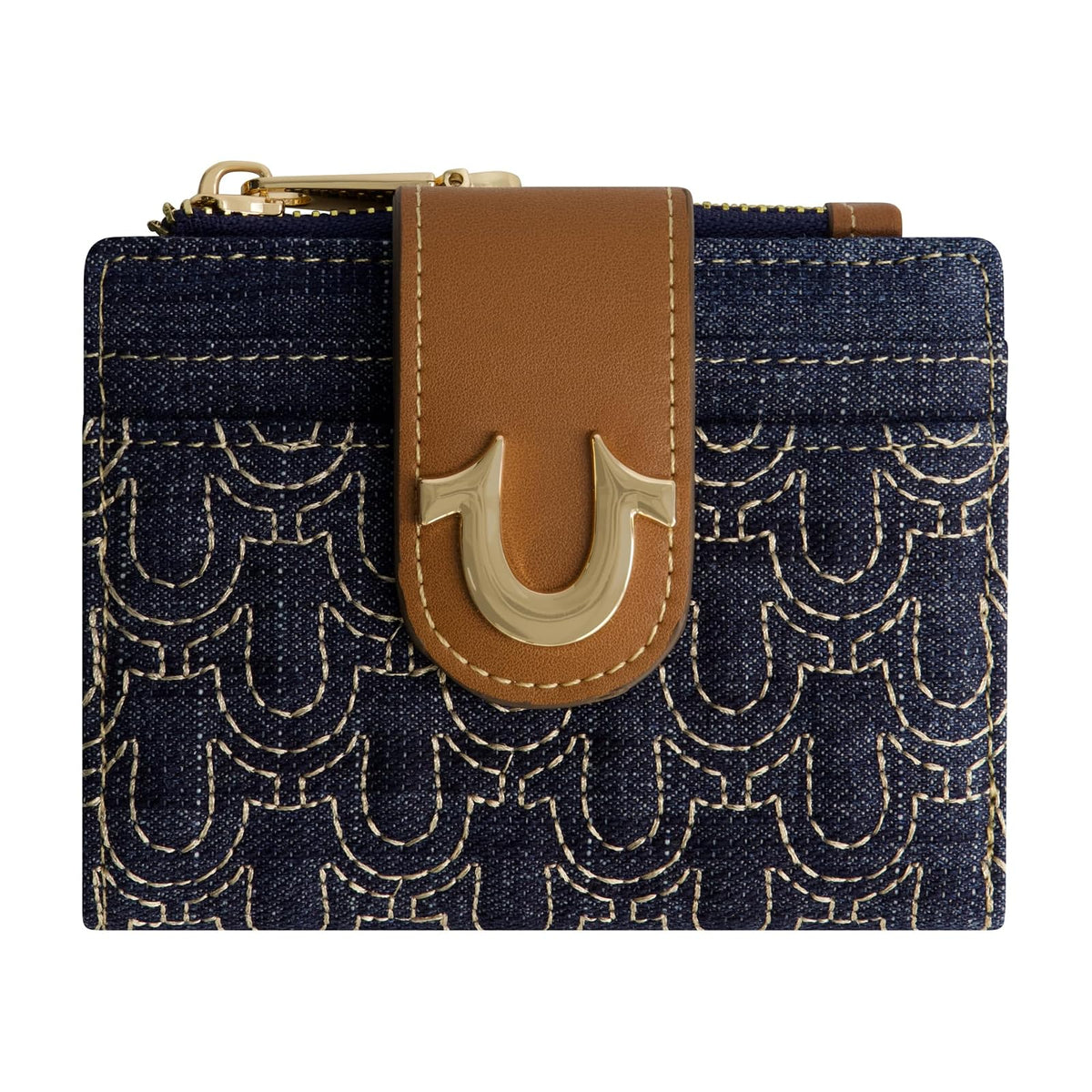 True Religion - Mini portafolios para mujer, con logotipo de herradura, pequeño y compacto, de mezclilla oscuro, talla única, Mezclilla oscura