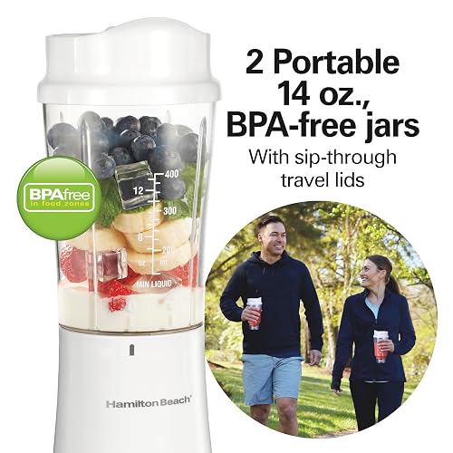 Hamilton Beach Batidora Portátil Personal | Blanco, 2 frascos, 14 oz sin BPA, cuchillas de acero inoxidable, frasco convertido en taza de viaje, cable de 24 pulgadas