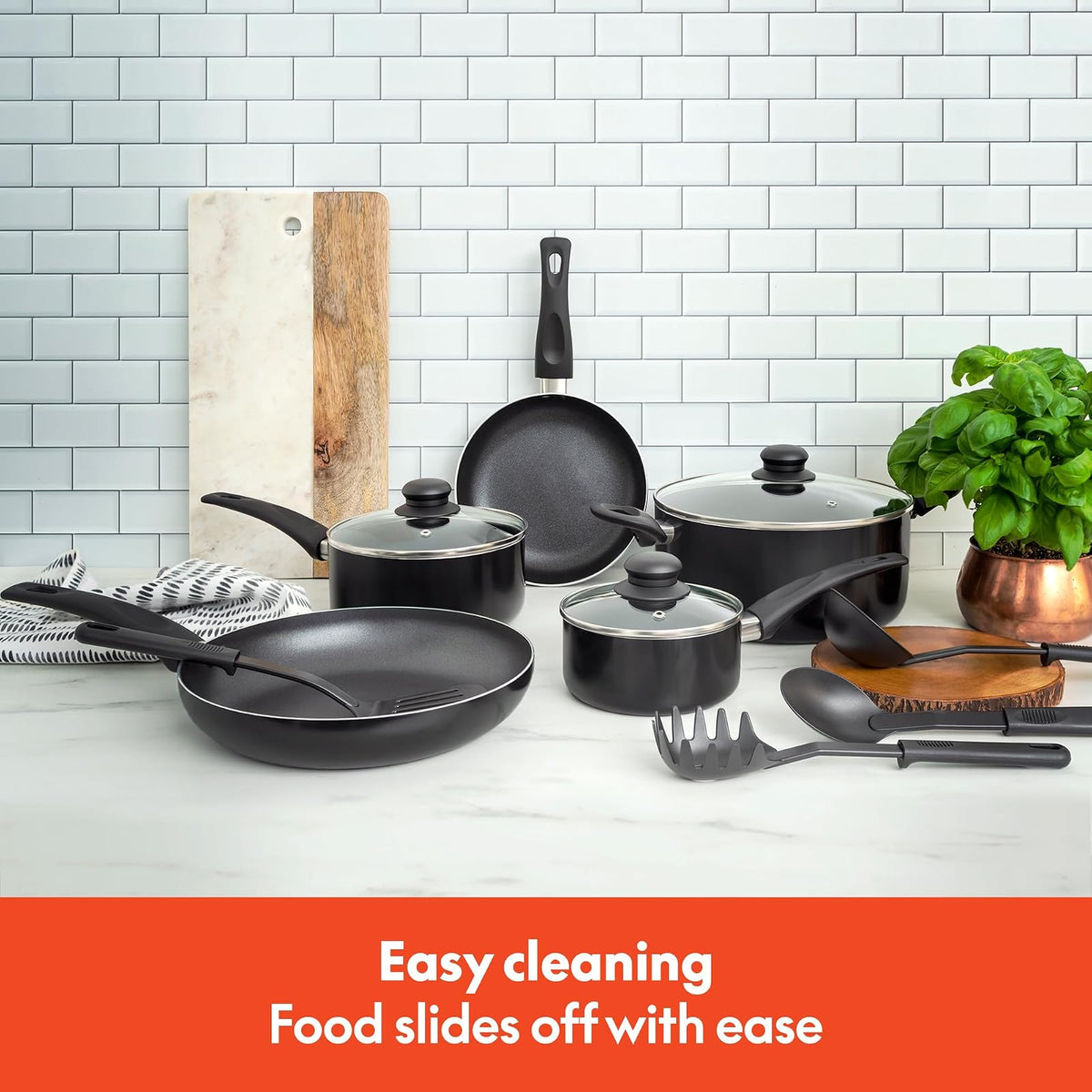 Bella - Juego de utensilios de cocina, 12 ollas y sartenes con utensilios, superficie de cocción antiadherente sin PFOA resistente a los arañazos, compatible con todas las estufas, nailon y aluminio,