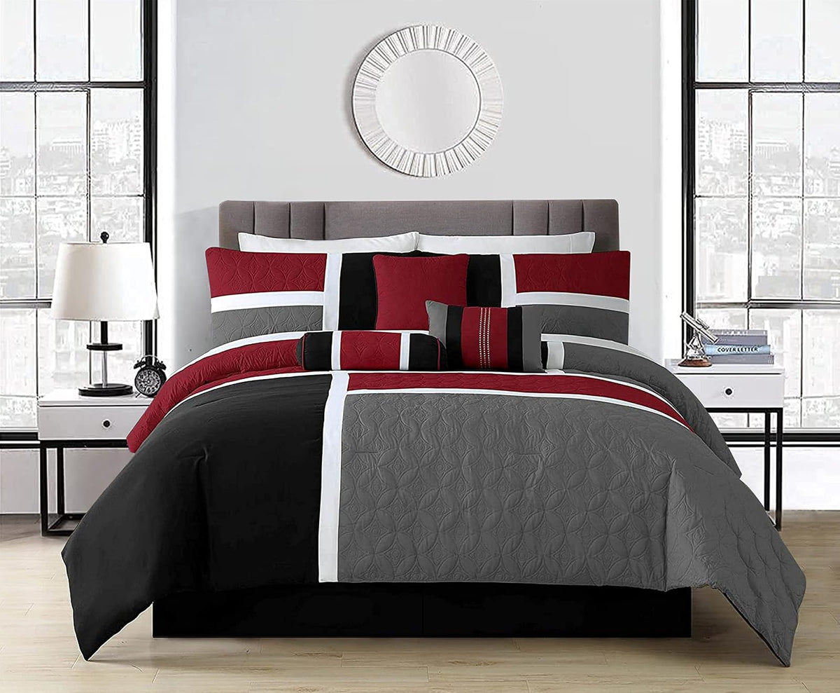 Chezmoi Collection - Juego de edredón Acolchado de 7 Piezas con diseño de Patchwork - Queen, Rojo/Gris/Negro