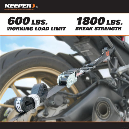 Keeper Kit de Correas de Amarre de carraca, Paquete de 4 – 1 Pulgada Correas de Carga Resistentes de 15 pies para Motocicleta, ATV, UTV y Movimiento – 1800 Libras de Resistencia a la Rotura – Incluye