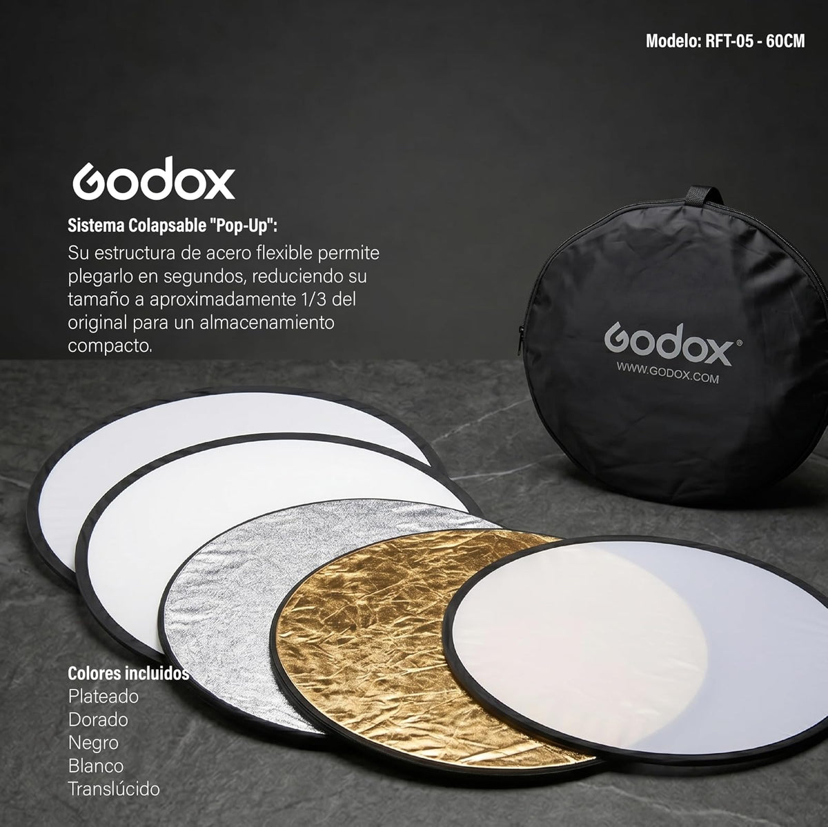 GODOX Reflector 5 en 1 de 60 cm Plegable para Fotografía, Rebotador de Luz Circular con Difusor, Superficies Oro, Plata, Blanco, Negro y Translúcido con Bolsa de Transporte