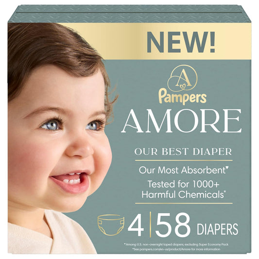 Pampers Amore, tamaño 4 (15-35 libras), 58 unidades, nuestro mejor pañal, hipoalergénico y sin fragancia, hasta 100% a prueba de fugas, suave como la cachemira