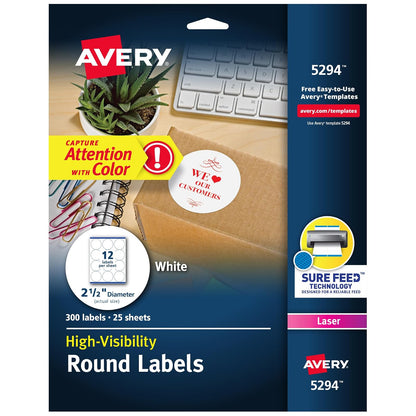 Avery Etiquetas redondas imprimibles de alta visibilidad con alimentación segura, 2.5 pulgadas de diámetro, blanco, 300 etiquetas en blanco personalizables en total (5294)