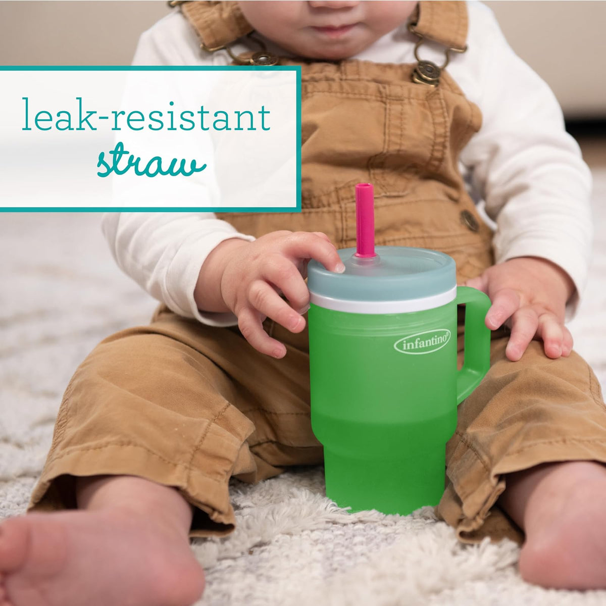 Infantino My 1st Vaso de plástico duradero con popote y mango de silicona resistente a fugas, para llevar o sin BPA, para taza de transición sin BPA, manzana verde | Bebe, transporta, repite. Vaso de plástico duro fácil de sostener. Popote resistente a fu