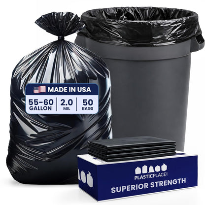 Plasticplace 55-60 gallon Trash Bags, 2.0 Mil, 38"W x 58"H, Black, 100/ Case