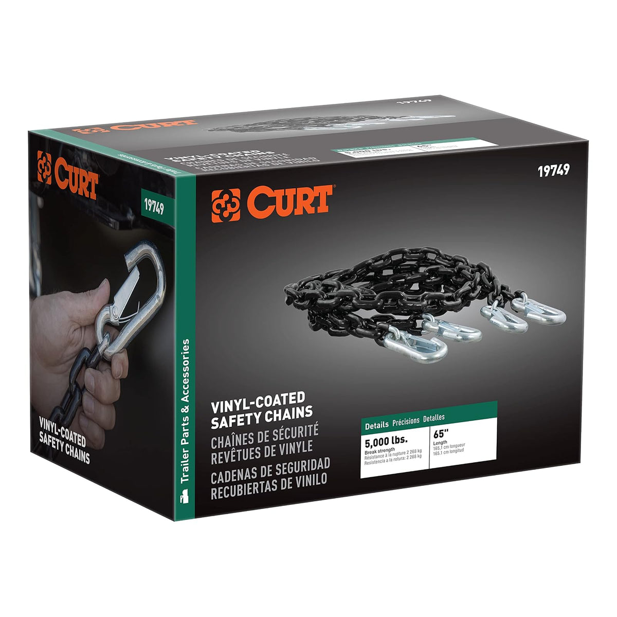 CURT 19749 Cadenas de Seguridad para Remolque, Vinilo Negro, 60 Pulgadas, Ganchos de 7/16", Paquete de 2