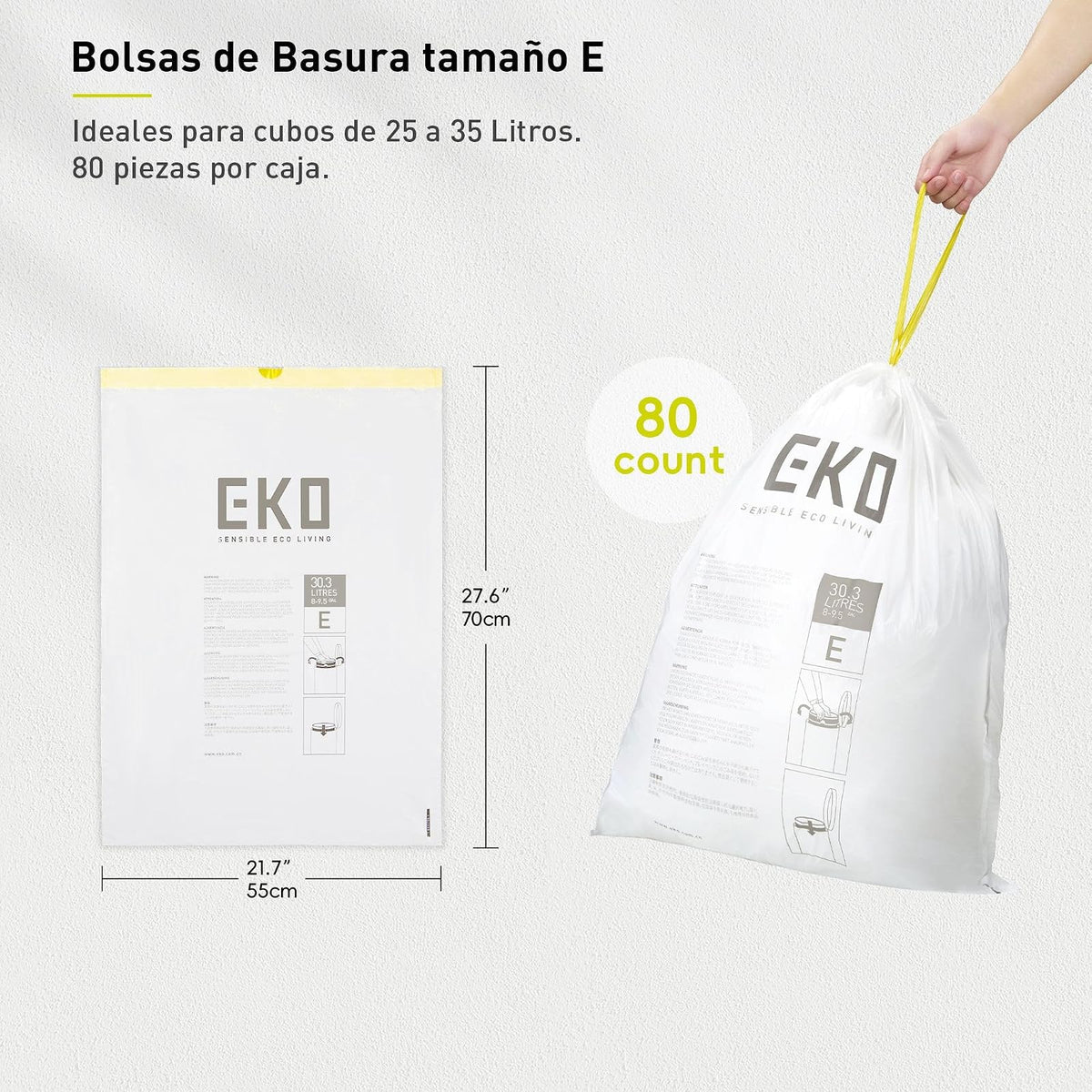 EKO Bolsas de Basura Tamaño E. 25-35 Litros. 80unidades. Caja dosificación fácil. Compatible con bote de basura EKO, uso en cocina, doméstico, extrafuertes, con cordón