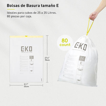 EKO Bolsas de Basura Tamaño E. 25-35 Litros. 80unidades. Caja dosificación fácil. Compatible con bote de basura EKO, uso en cocina, doméstico, extrafuertes, con cordón
