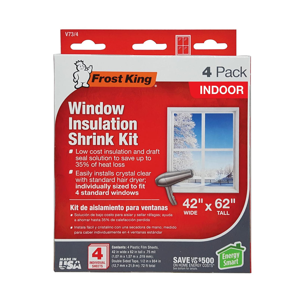 Frost King V73/4T - Kit de película retráctil para ventana, paquete de 4, transparente, transparente