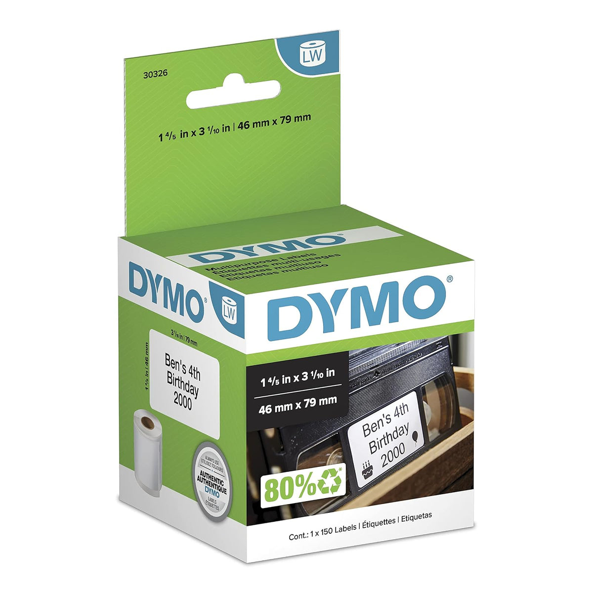 DYMO LW Video Top Labels for LabelWriter Label Printers, White, 1.8'' x 3.1'', 1 Roll of 150 - 30326