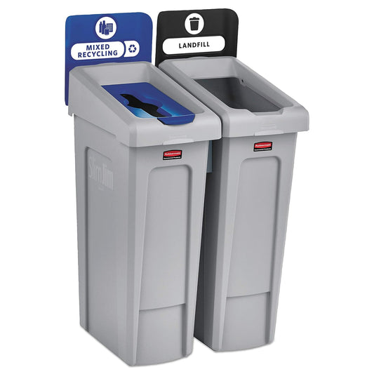 Rubbermaid Commercial Products Slim Jim - Estación de reciclaje de 2 flujos, papelera de reciclaje mixta, lata/kit/estación, 23 galones, para oficinas, hogar, educación superior, instalaciones