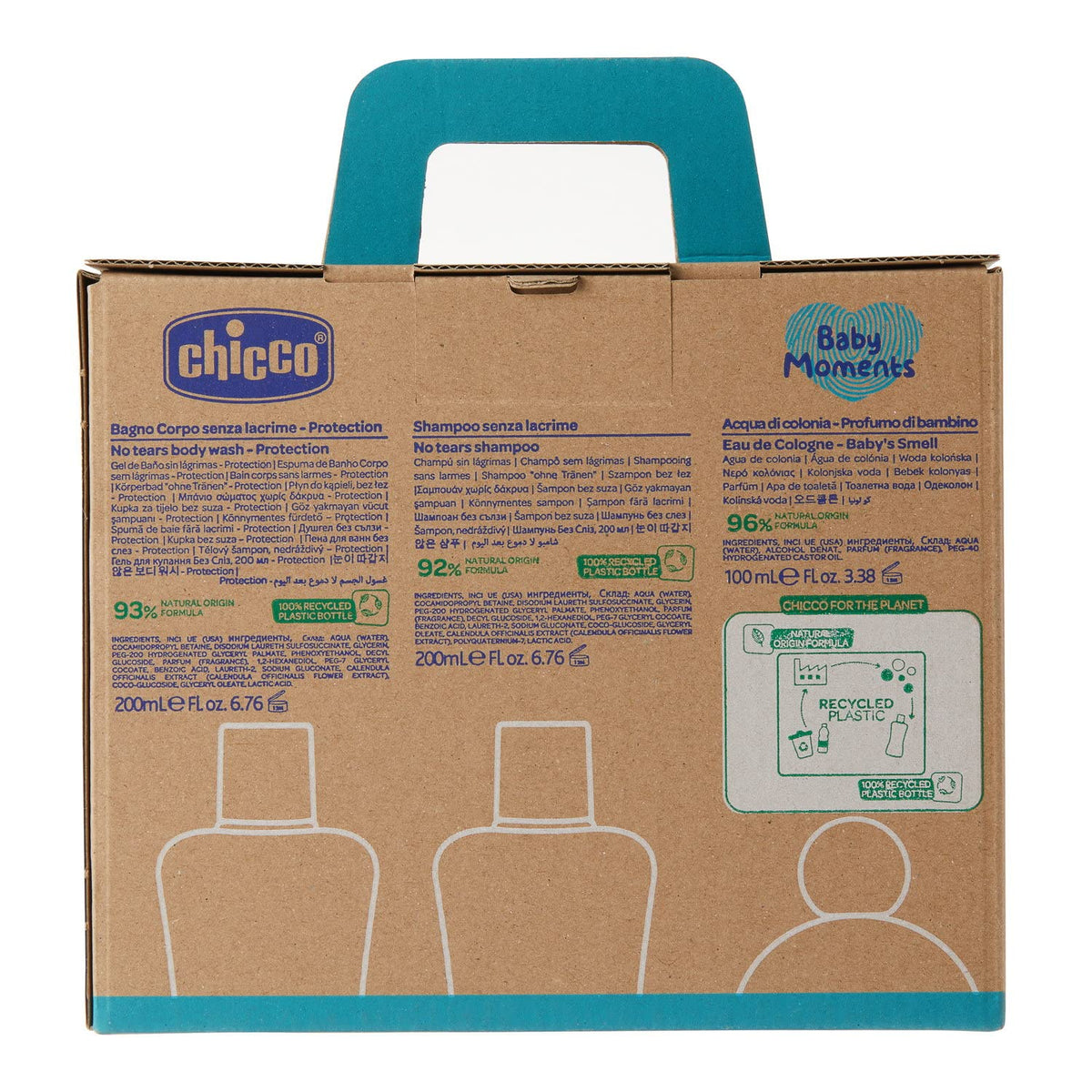 Chicco Set Baby Moments con jabón liquido para cuerpo 200 ml, Shampoo 200 ml, Colonia 100 ml, 0+ meses