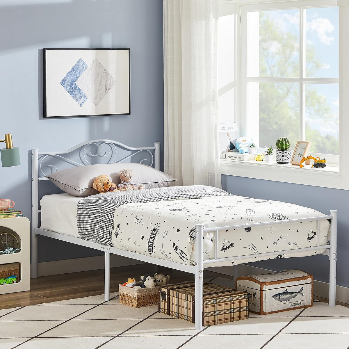 VECELO Base de Cama de Plataforma de Metal de 14 Pulgadas con cabecera y Estribo, Base de colchón Resistente con Soporte de láminas de Acero, no Necesita somier, Color Blanco