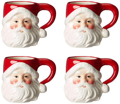 Juego de 4 tazas de cerámica de Navidad, diseño clásico de Papá Noel, color rojo y blanco, tamaño mediano, 14 x 9,9 x 10,4 cm