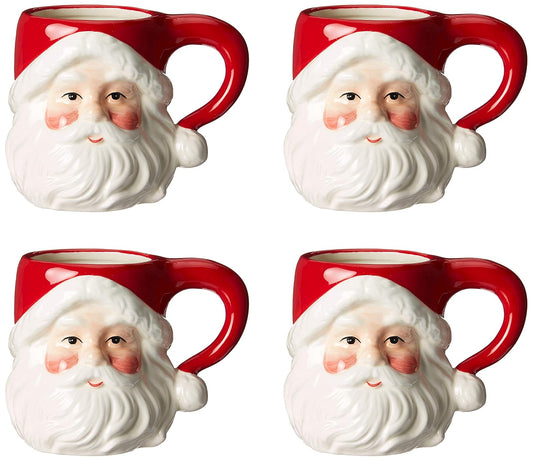 Juego de 4 tazas de cerámica de Navidad, diseño clásico de Papá Noel, color rojo y blanco, tamaño mediano, 14 x 9,9 x 10,4 cm
