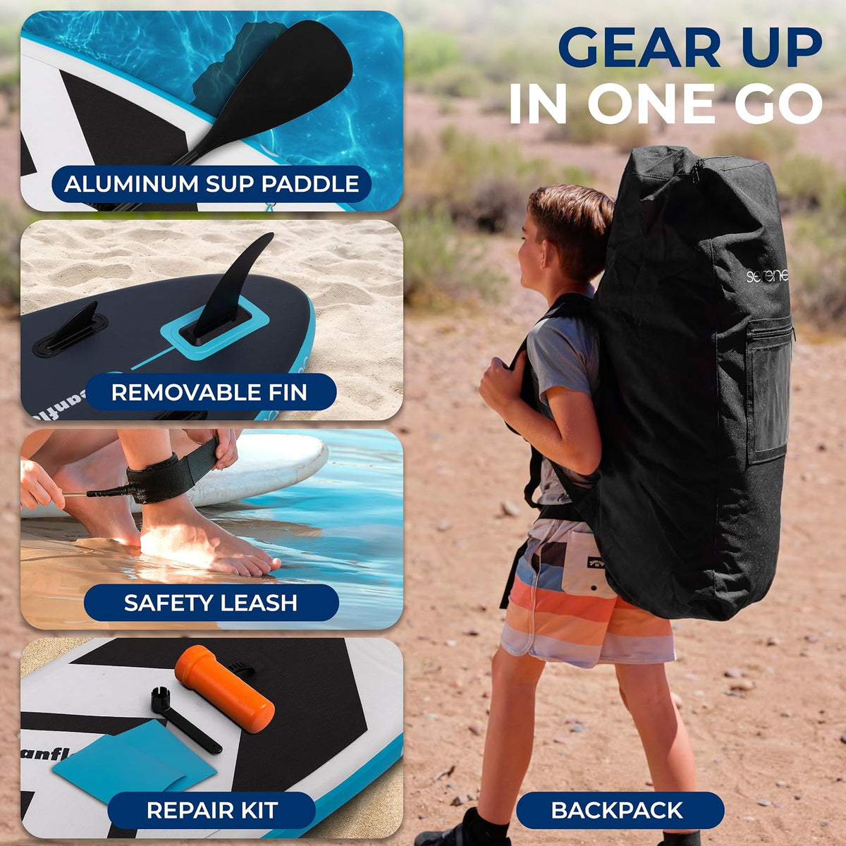SereneLife - Tabla de Remo Inflable para niños de 7 pies 9 Pulgadas, Sup para jóvenes con Bomba de acción única, Paleta Ajustable y Mochila, diseño Estable de 30 Pulgadas de Ancho con Almohadilla de