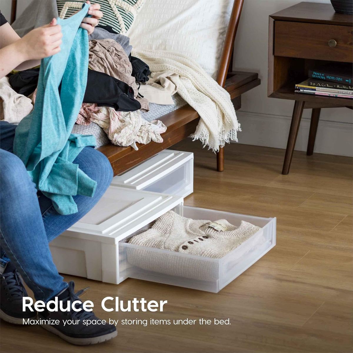 IRIS USA Paquete de 2 Contenedores Bajo Cama de 27 Qt, Blanco | Guarda ropa de temporada, zapatos, cobijas, sábanas y artículos del hogar debajo de la cama