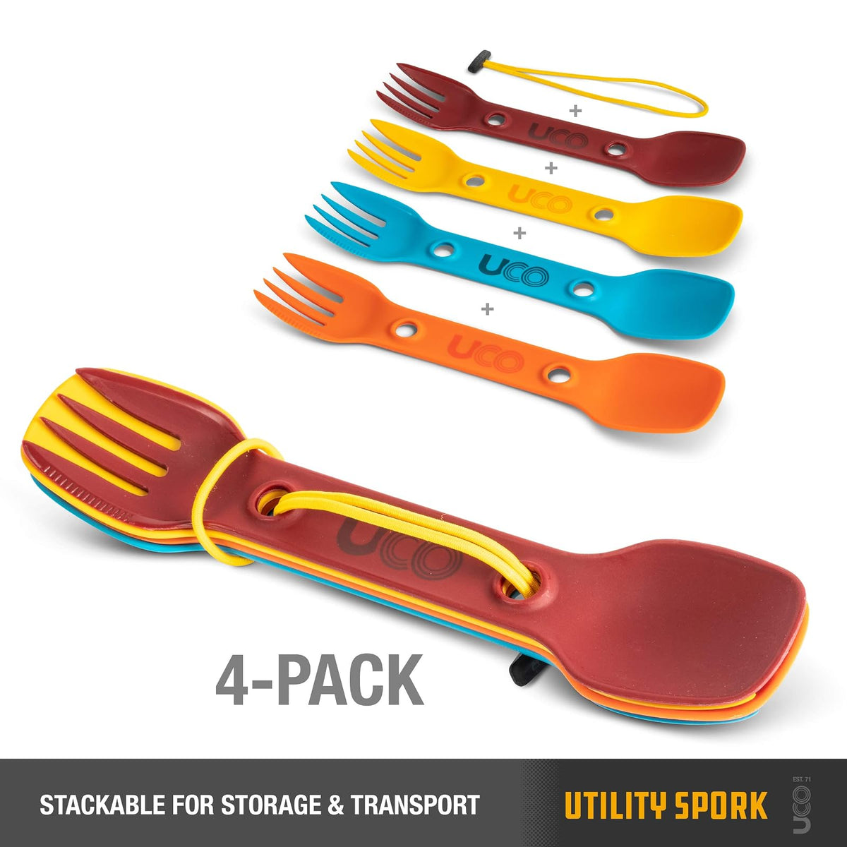 UCO Utility Spork 3 en 1 Combo Cuchara-Tenedor Cuchillo utensilio de Camping, Paquete de 4