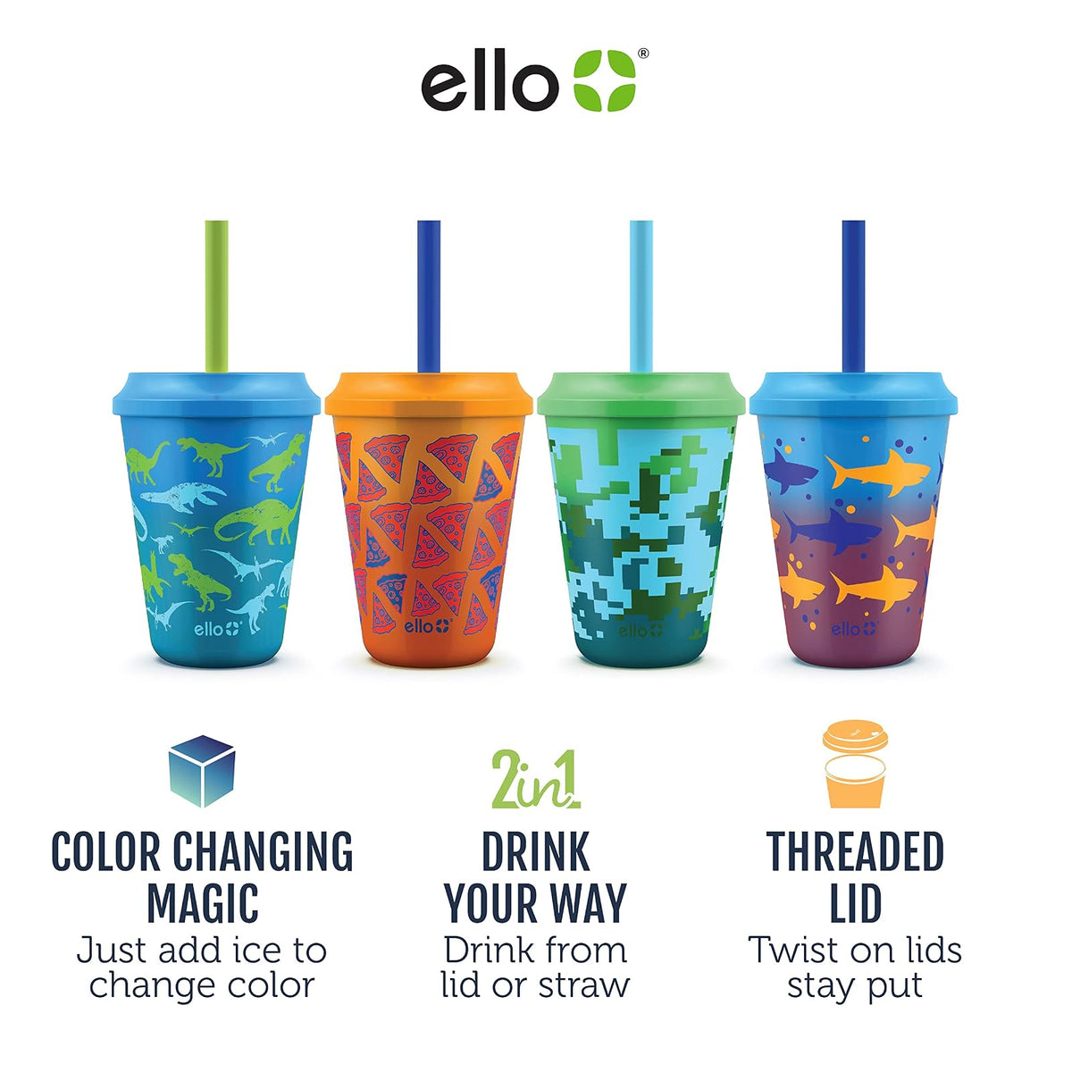 Ello Kids - Vasos de plástico reutilizables que cambian de color con tapas giratorias a prueba de salpicaduras y popote, sin BPA, apto para lavaplatos, 12 onzas, selva tropical, paquete de 4
