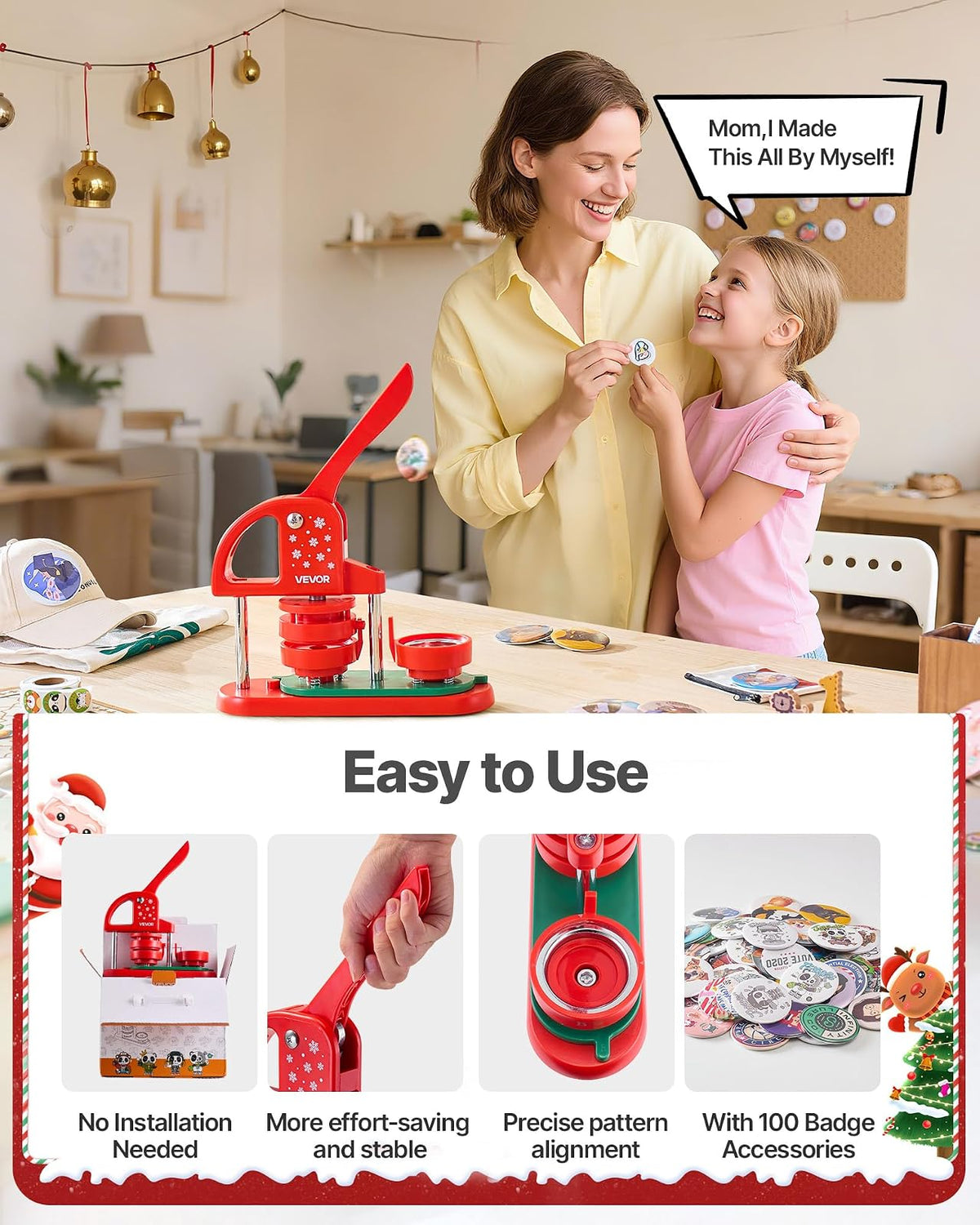 VEVOR Máquina para Hacer Insignias de 58 mm, Máquina para Fabricar Chapas 100 Juegos de Botones, Mango Ergonómico Reforzado, para Crear Insignias, Pines Personalizados, Llaveros, Chapas, Rojo