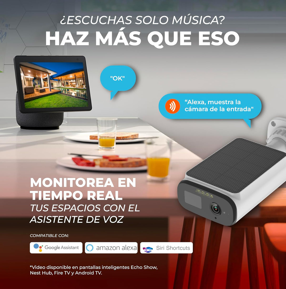 Tecnolite Connect - Cámara Solar de Seguridad Exterior WiFi Inteligente, Recargable, Inalámbrica, Panel Solar, Visión Nocturna, Compatible con App móvil y Asistentes de Voz