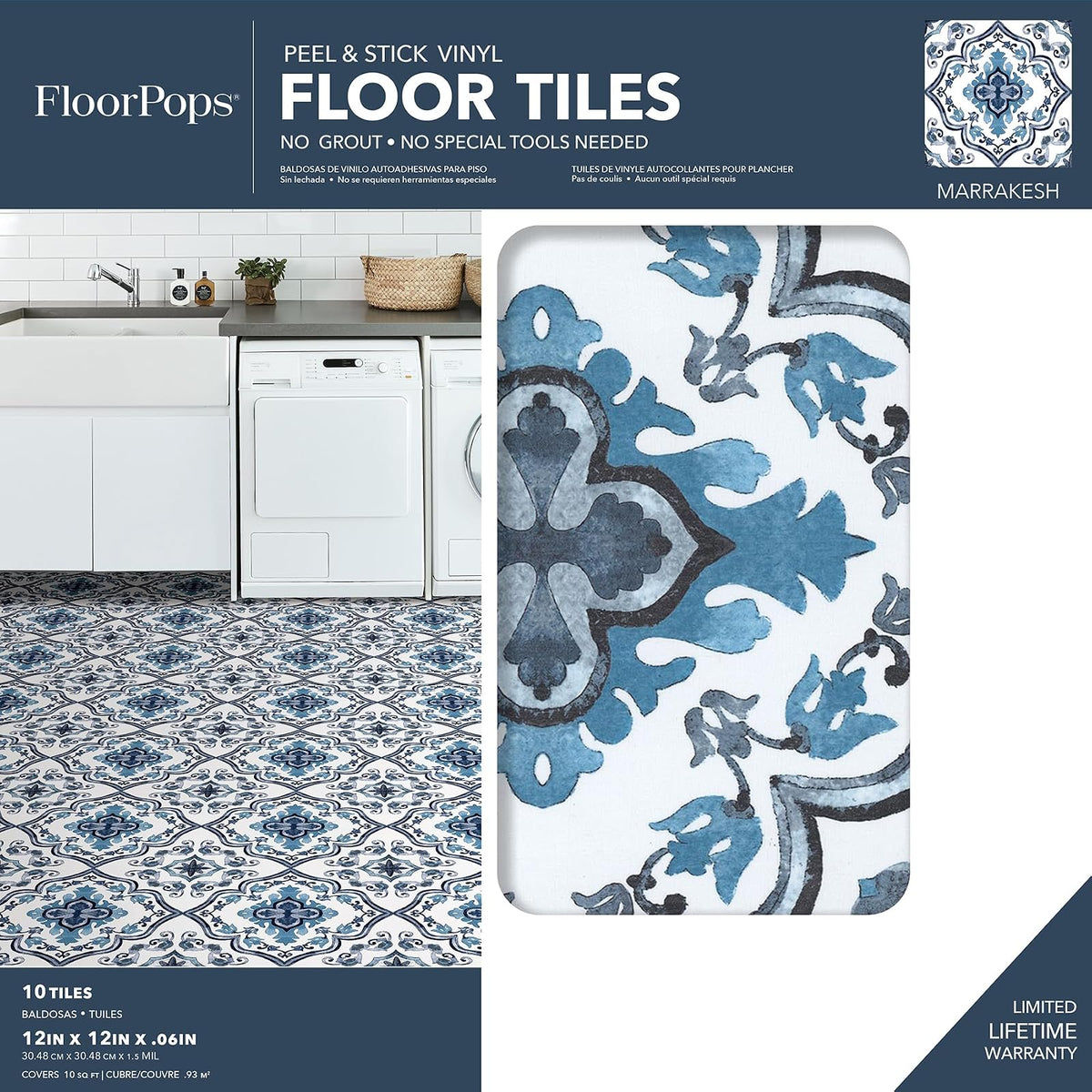 FloorPops FP3932 Marrakesh - Azulejos de piso para despegar y pegar, color azul