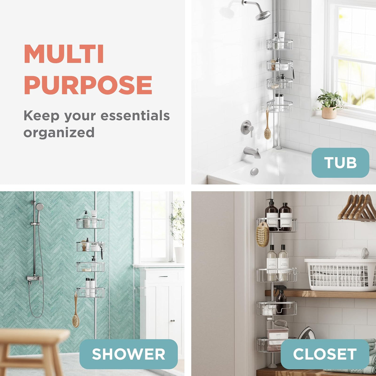 Zenna Home - Organizador de esquina para ducha con poste de tensión, organizador ajustable para ducha de pie con 4 estantes, organizador de barra de tensión de baño, de 60 a 108 pulgadas, cromo