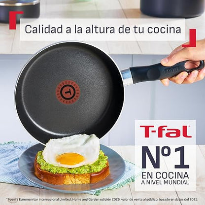 T-FAL Juego de sartenes easy cook negro cubierta antiadherente para una cocina fácil con indicador de calor thermo-señal y base de difusión. Medidas de sartén 20, 24 y 26 cm, B4440482AMAM