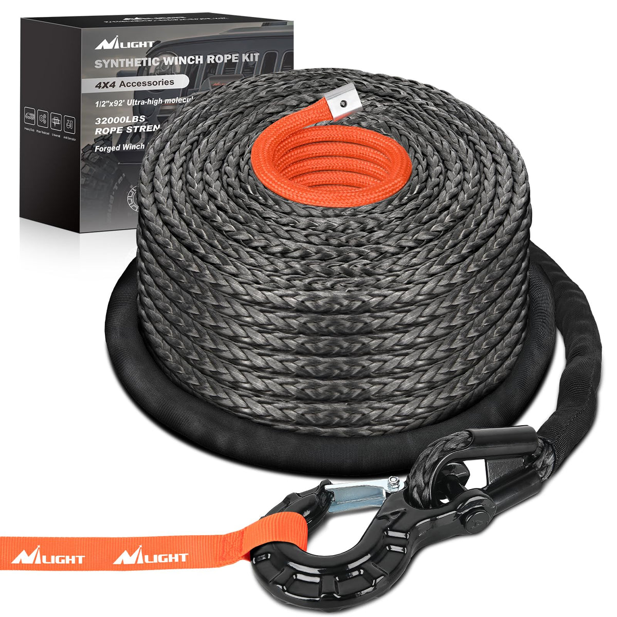 Nilight - Juego de Cuerdas de cabrestante sintético de 1,27 x 92 pies, 35 Libras, con Funda Protectora de dedal, Gancho de cabrestante Resistente de 35000 Libras, para SUV 4WD Todoterreno, camión, - Negro - - 1 - 2" x 92'