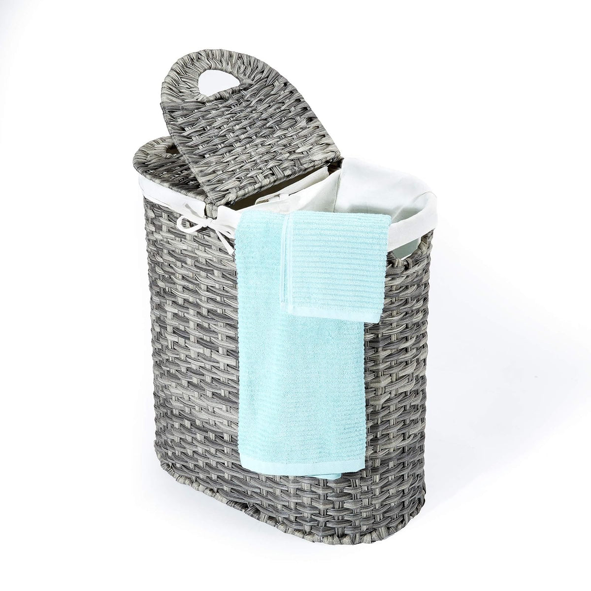 Seville Classics - Cesta de Lona extraíble Ovalada Tejida a Mano con Doble Tapa, para clasificar la Ropa, Color Gris