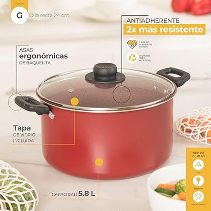 Ekco | Olla con Tapa Classic Aluminio Antiadherente Rojo Geothermic 24 cm | Tapa de vidrio, Fácil limpieza, Libre de PFOA, Cocción uniforme, Asas remachadas, Tapa de vidrio, Baquelita aislante