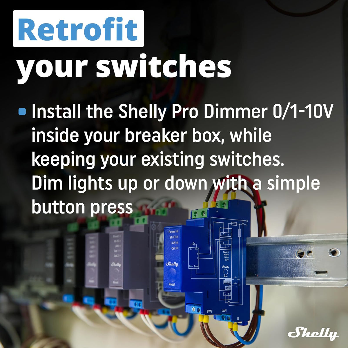 Shelly Dimmer Pro 0/1-10 V PM - Módulo Regulador de Luz W-Fi, Atenuador Inalámbrico en riel DIN, con Medidor de consumo, Alexa y Google, aplicación iOS Android, No requiere hub