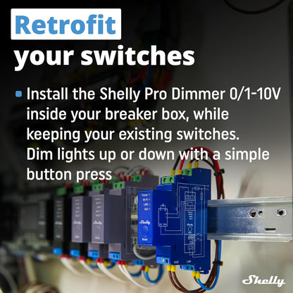 Shelly Dimmer Pro 0/1-10 V PM - Módulo Regulador de Luz W-Fi, Atenuador Inalámbrico en riel DIN, con Medidor de consumo, Alexa y Google, aplicación iOS Android, No requiere hub