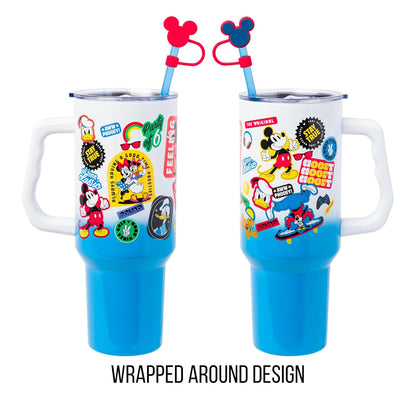 Silver Buffalo Disney Mickey y sus amigos con pato Daisy Duck, Donald Duck, Goofy, Pluto, Minnie Calcomanías de acero inoxidable con mango y popote, se adapta a portavasos estándar, 40 onzas