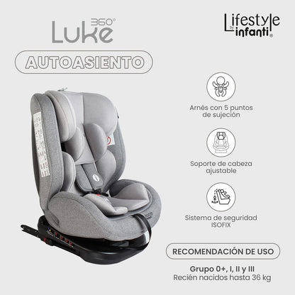INFANTI | Asiento para Bebe Carro LUKE 360° Lifestyle | Autoasientos Grupo 0+, 1, 2 y 3 | Con Sistema ISOFIX | 4 Reclinaciones | Protección Bebé y Soportes Seguros | Color Gris