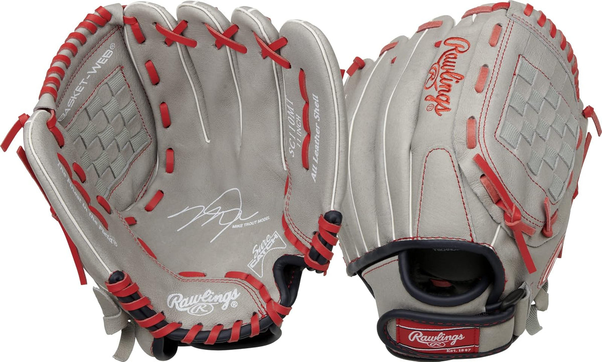 Rawlings Sure Catch Guante de Béisbol T-Ball y Juvenil, 10.5-11.5 pulg - Tiro derecho - 11 pulgadas | Edades 7-9 - Mike Trucha Modelo