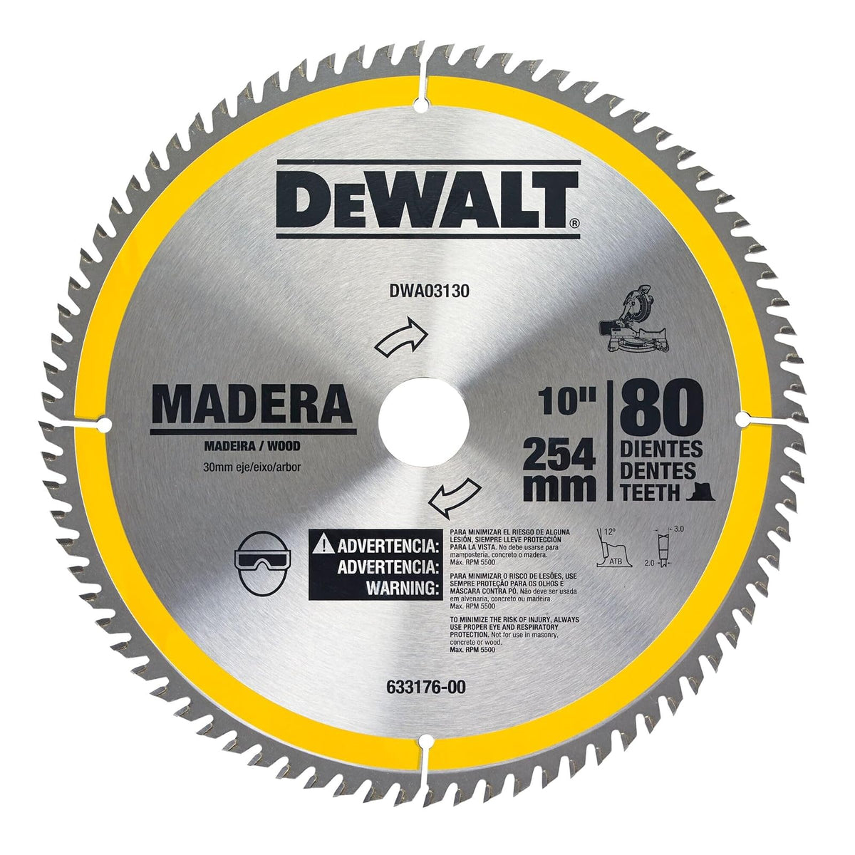 DEWALT Disco Sierra Circular 10 pul 254 mm 80 Dientes Carburo Para Madera y MDF DWA03130