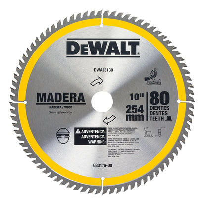 DEWALT Disco Sierra Circular 10 pul 254 mm 80 Dientes Carburo Para Madera y MDF DWA03130