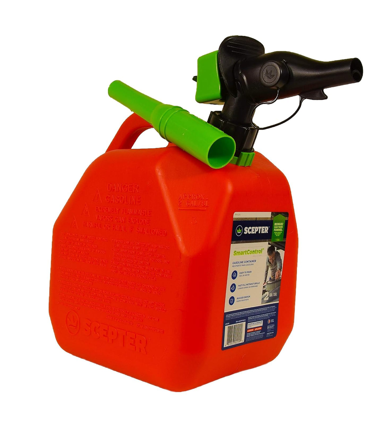 Scepter - Bote de gas de 2 galones, boquilla SmartControl a prueba de | Solo gasolina, contenedor de combustible compatible con EPA/CARB con mango trasero, embudo incluido, 11-0.5 pulgadas de alto