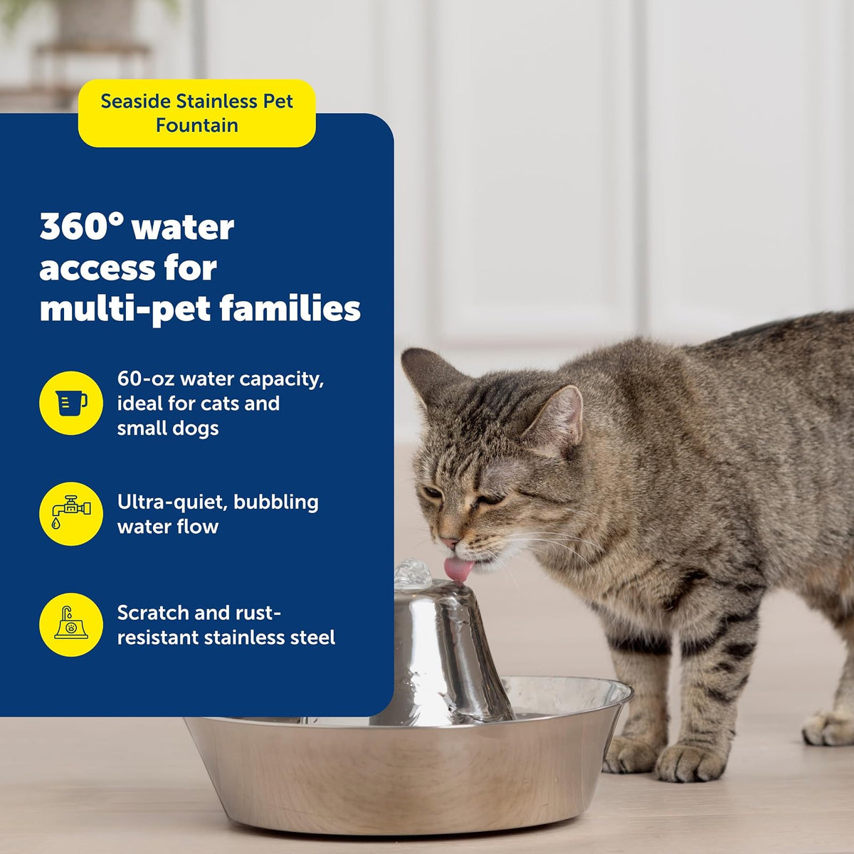 PetSafe Seaside Stainless Cat & Dog Fountain - 2 Water Filters & 1 Pump Included - Tower Creates Soothing Flow for Pets - Scratch- and Rust-Resistant Material Inhibits Pet Acne - 60 Oz Water Capacity