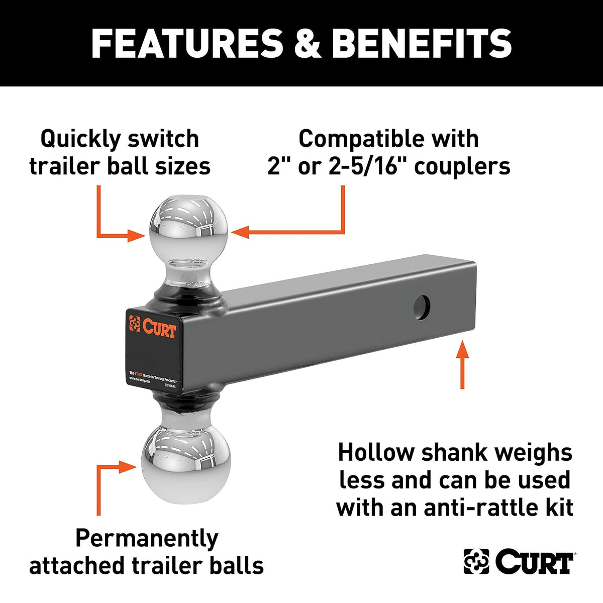 CURT 45002 Soporte de bola de enganche de remolque multibola, 2, bolas de 2-5/16 pulgadas, se adapta a receptores de 5 pulgadas, 4,5 kg